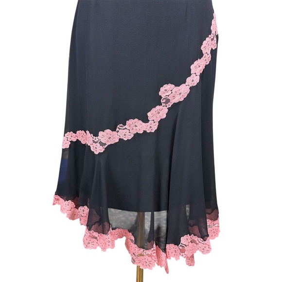RARE BCBGMAXAZRIA Black Midi Dress Pink Floral Lace Trim Sweetheart Slip Dress 6 - Picture 10 of 13